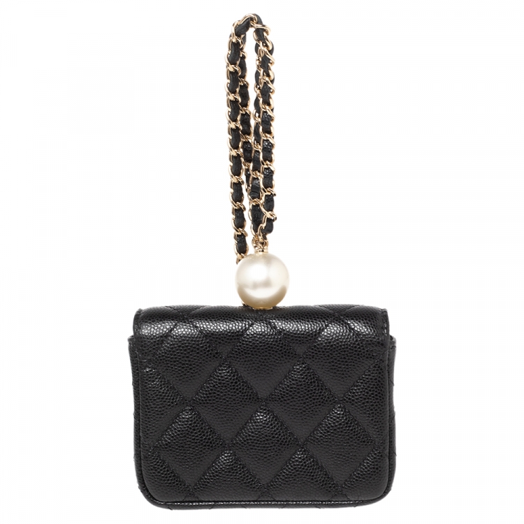 Pre Owned Chanel Black Caviar Leather CC Pearl Flap Coin Purse With Chain 