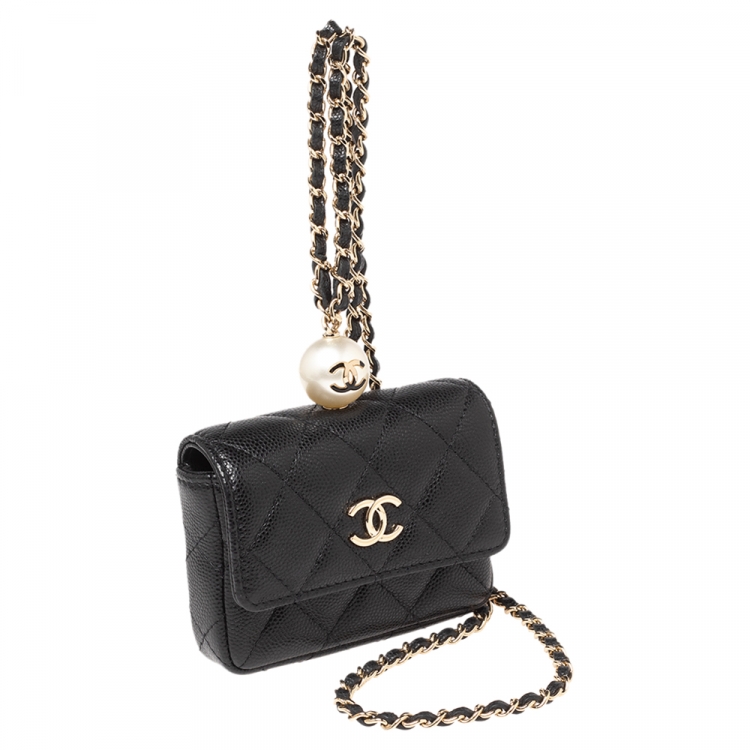 Pre Owned Chanel Black Caviar Leather CC Pearl Flap Coin Purse With Chain 