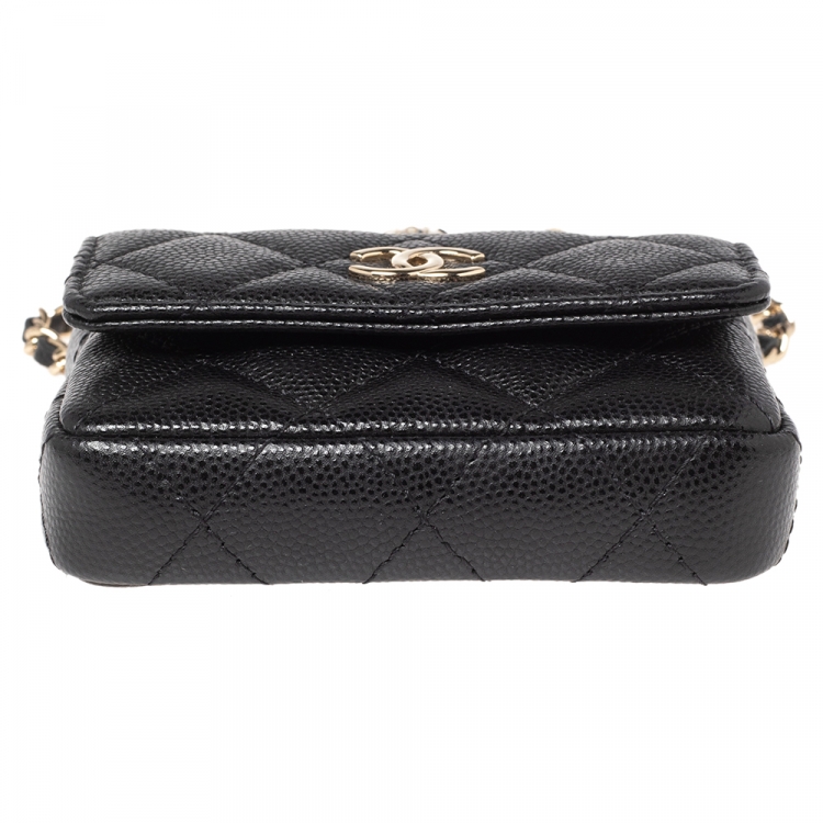 Pre Owned Chanel Black Caviar Leather CC Pearl Flap Coin Purse With Chain 