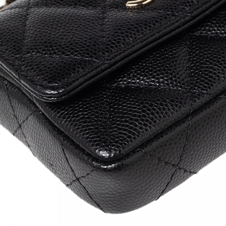 Pre Owned Chanel Black Caviar Leather CC Pearl Flap Coin Purse With Chain 