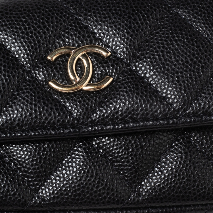 Pre Owned Chanel Black Caviar Leather CC Pearl Flap Coin Purse With Chain 