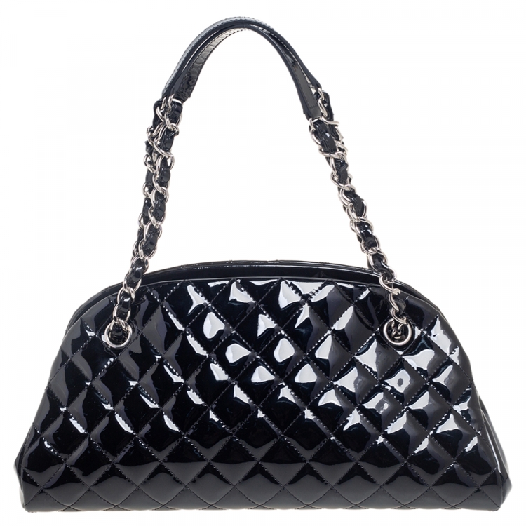 Pre Owned Chanel Black Quilted Patent Leather Medium Just Mademoiselle Bowling Bag