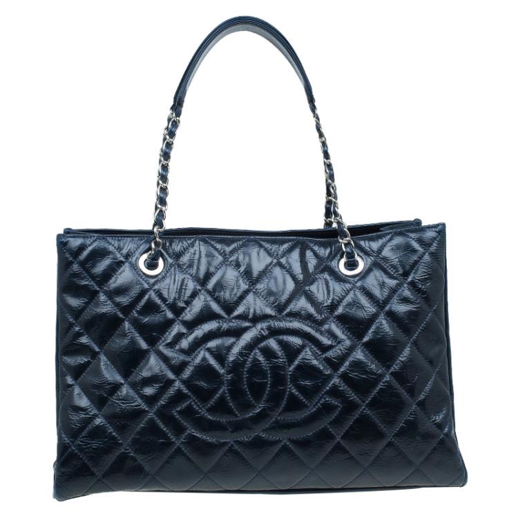 Pre Owned Chanel Navy Blue Glazed Crackled Leather XL Large Grand Shopper Tote