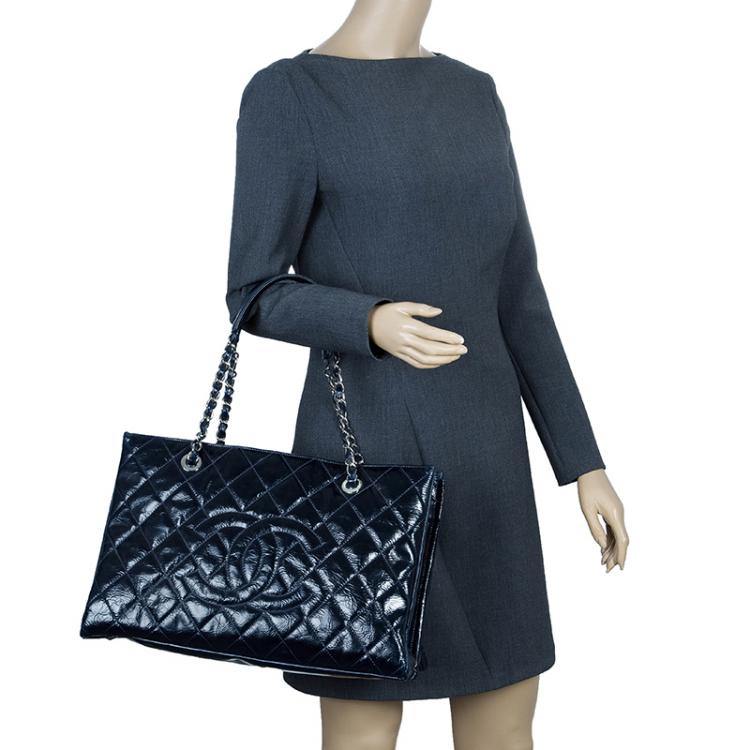 Pre Owned Chanel Navy Blue Glazed Crackled Leather XL Large Grand Shopper Tote