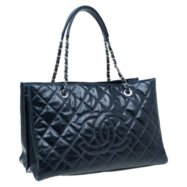 Pre Owned Chanel Navy Blue Glazed Crackled Leather XL Large Grand Shopper Tote