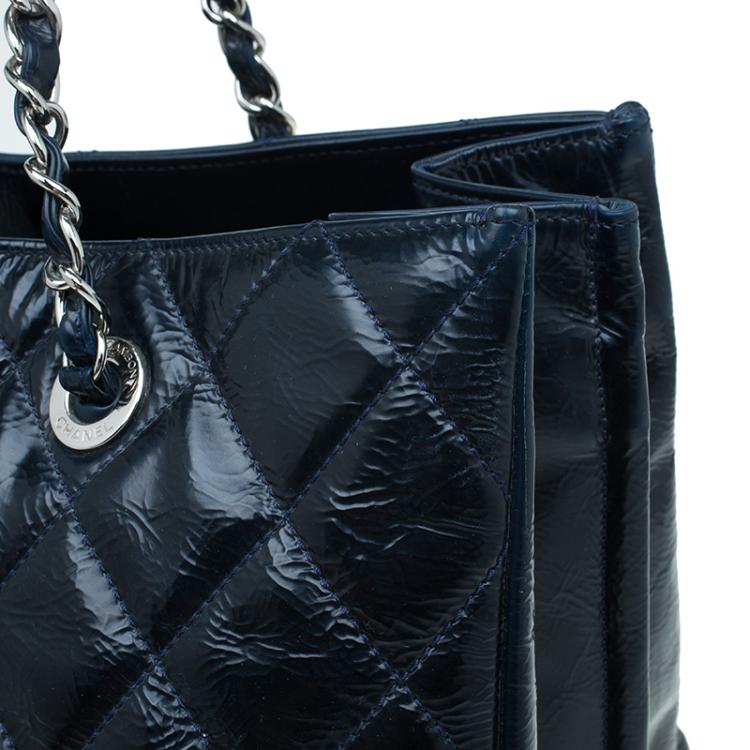 Pre Owned Chanel Navy Blue Glazed Crackled Leather XL Large Grand Shopper Tote