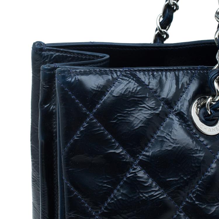 Pre Owned Chanel Navy Blue Glazed Crackled Leather XL Large Grand Shopper Tote