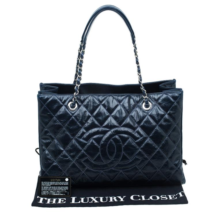 Pre Owned Chanel Navy Blue Glazed Crackled Leather XL Large Grand Shopper Tote