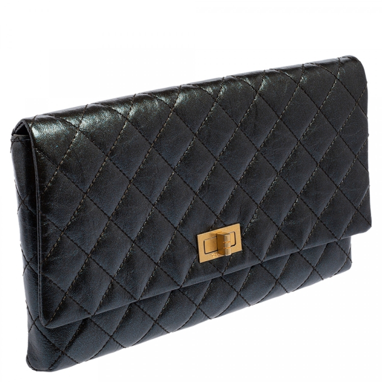 Pre Owned Chanel Metallic Grey Quilted Leather Reissue Clutch