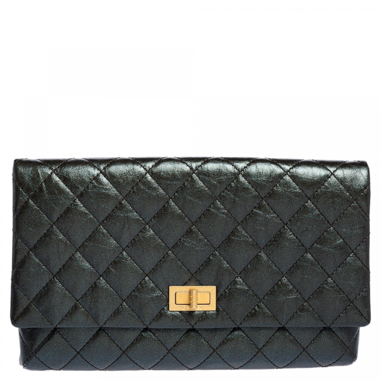 Pre Owned Chanel Metallic Grey Quilted Leather Reissue Clutch