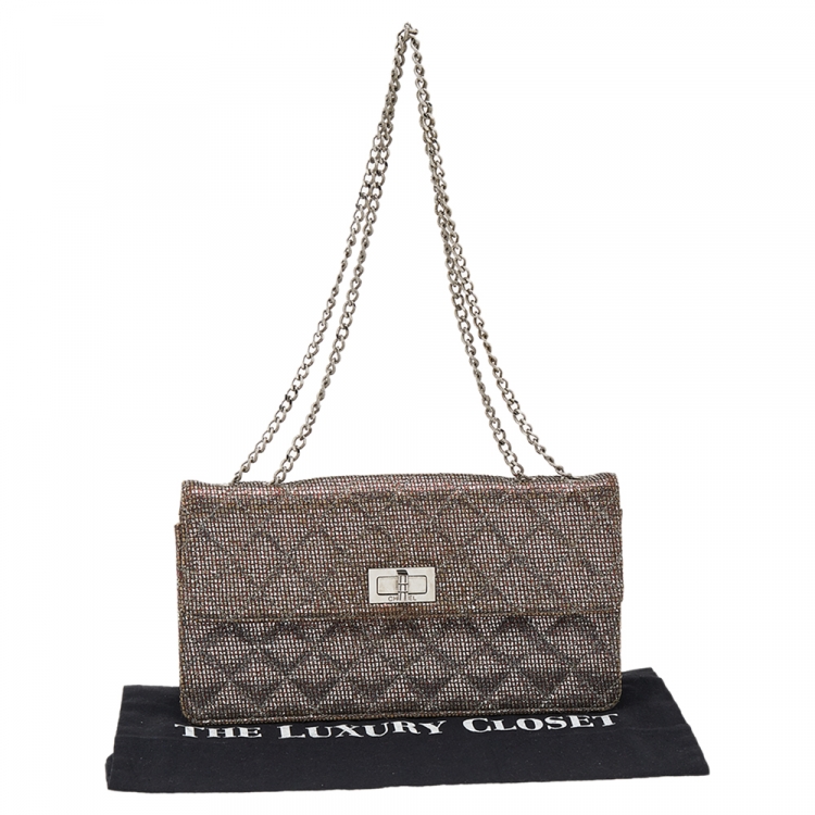 Pre Owned Chanel Quilted Silver Glitter Leather Reissue Shoulder Bag