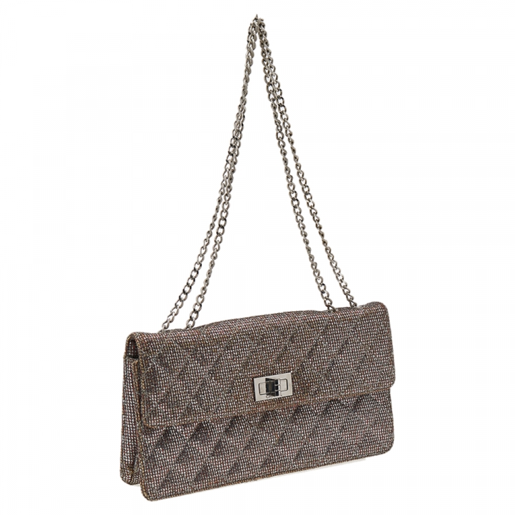 Pre Owned Chanel Quilted Silver Glitter Leather Reissue Shoulder Bag