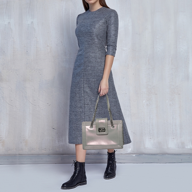 Pre Owned Chanel Iridescent Grey Patent Leather Boy Flap Shopper Tote