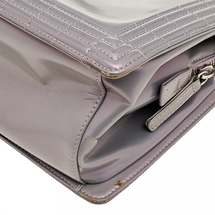 Pre Owned Chanel Iridescent Grey Patent Leather Boy Flap Shopper Tote