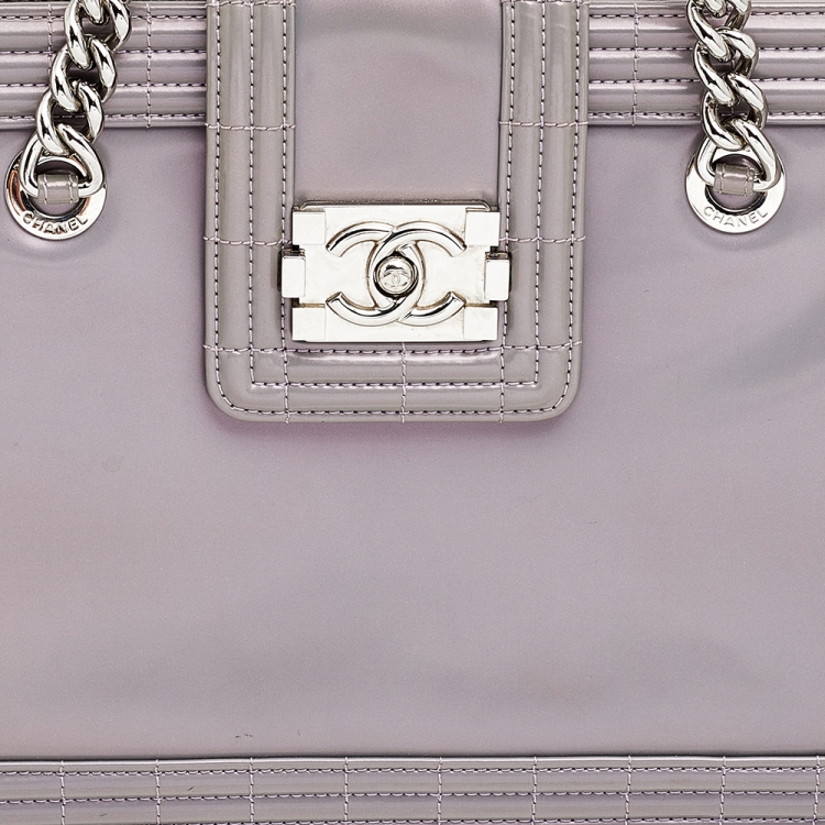 Pre Owned Chanel Iridescent Grey Patent Leather Boy Flap Shopper Tote