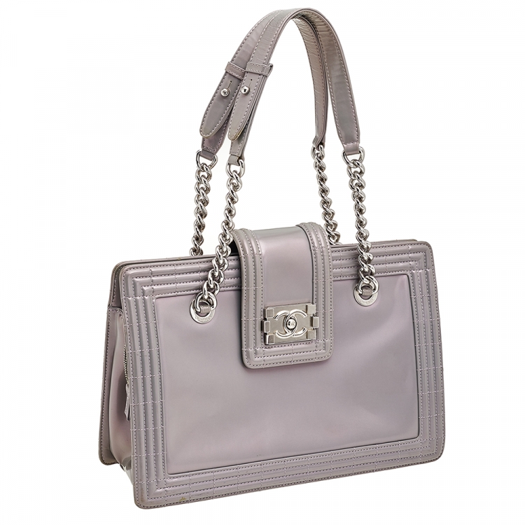 Pre Owned Chanel Iridescent Grey Patent Leather Boy Flap Shopper Tote