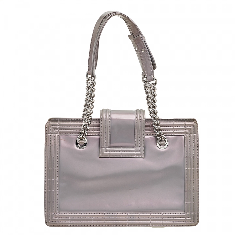 Pre Owned Chanel Iridescent Grey Patent Leather Boy Flap Shopper Tote