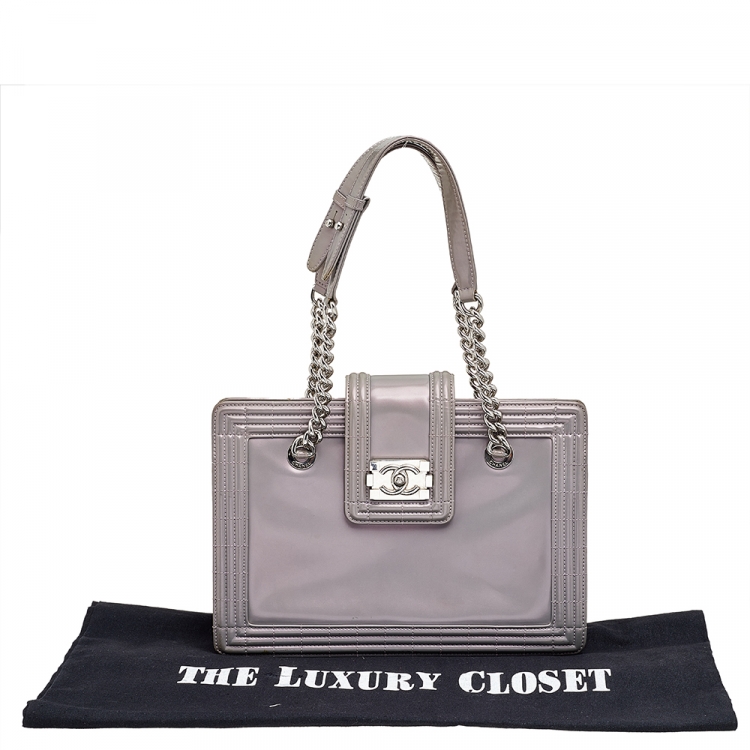 Pre Owned Chanel Iridescent Grey Patent Leather Boy Flap Shopper Tote