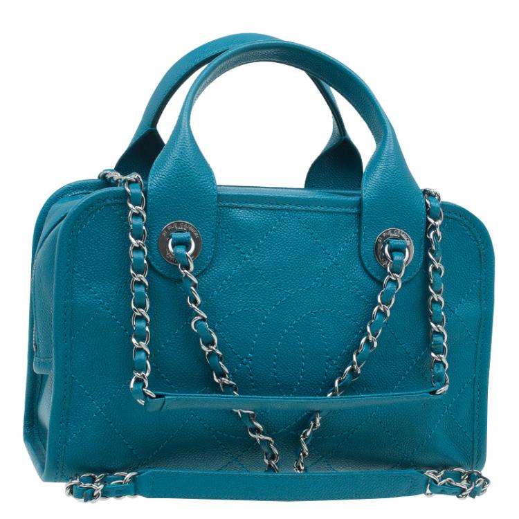 Pre Owned Chanel Blue Quilted Caviar Stitch Deauville Bowling Bag