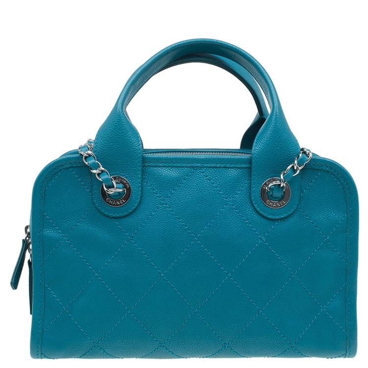 Pre Owned Chanel Blue Quilted Caviar Stitch Deauville Bowling Bag