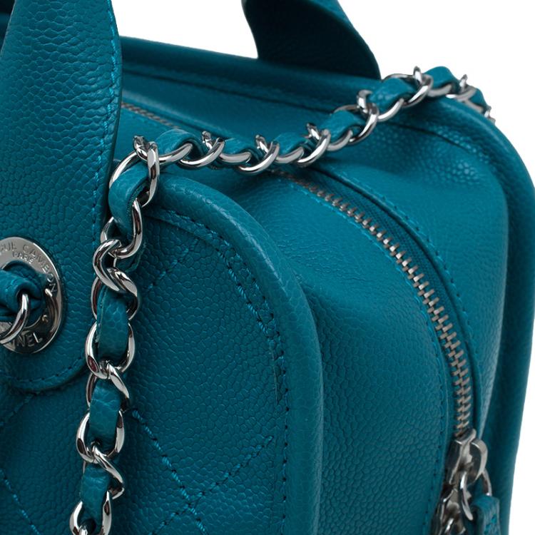 Pre Owned Chanel Blue Quilted Caviar Stitch Deauville Bowling Bag