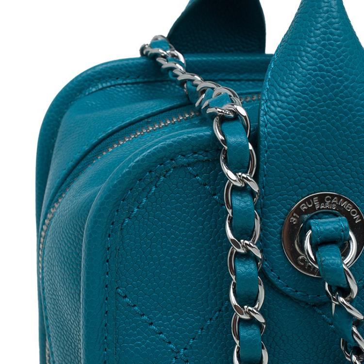 Pre Owned Chanel Blue Quilted Caviar Stitch Deauville Bowling Bag