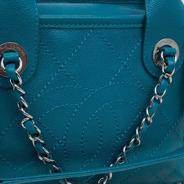 Pre Owned Chanel Blue Quilted Caviar Stitch Deauville Bowling Bag