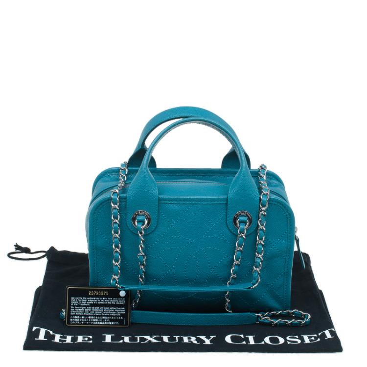 Pre Owned Chanel Blue Quilted Caviar Stitch Deauville Bowling Bag