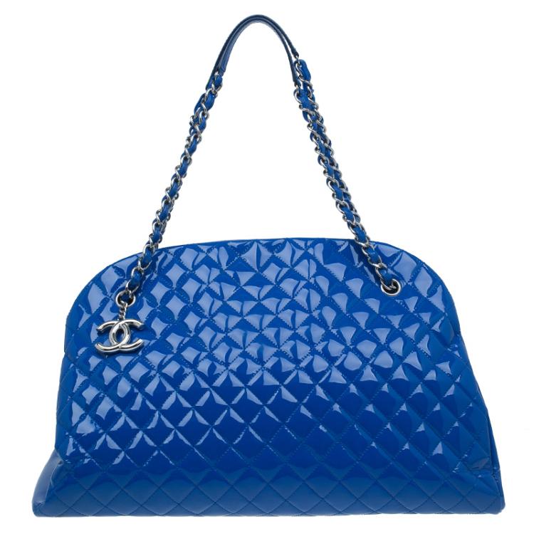 Pre Owned Chanel Blue Patent Leather Large Just Mademoiselle Bowling Bag