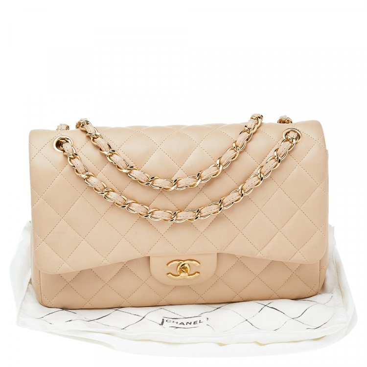 Pre Owned Chanel Beige Quilted Leather Jumbo Classic Single Flap Bag