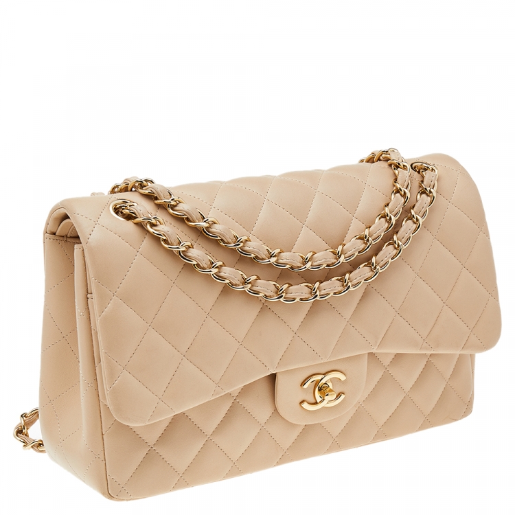 Pre Owned Chanel Beige Quilted Leather Jumbo Classic Single Flap Bag