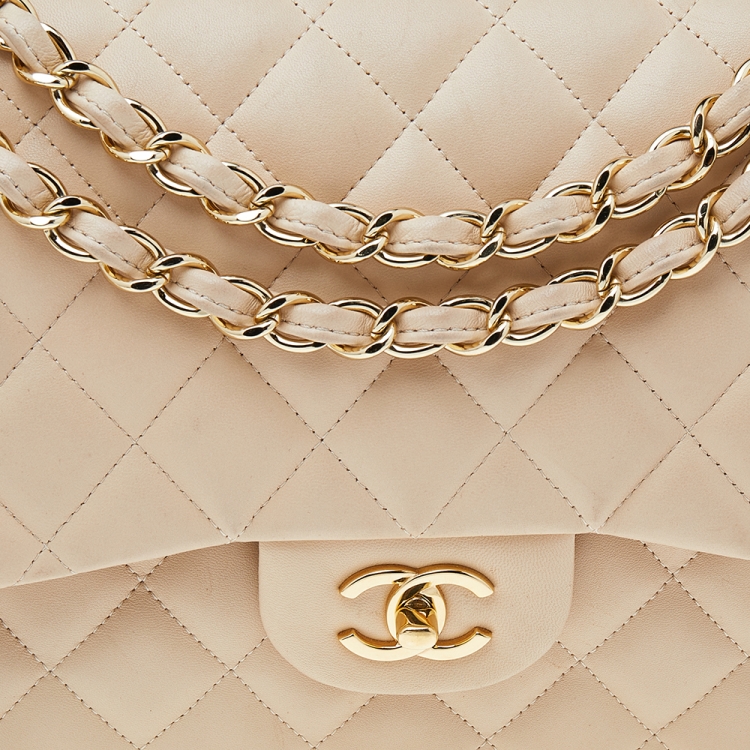 Pre Owned Chanel Beige Quilted Leather Jumbo Classic Single Flap Bag