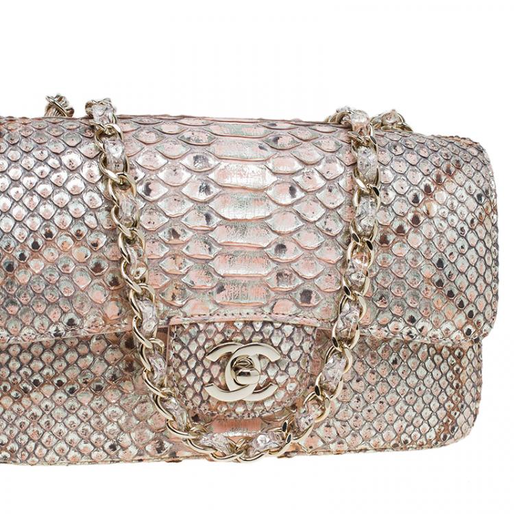Pre Owned Chanel Gold/Pink Python New Mini Classic Single Flap Bag