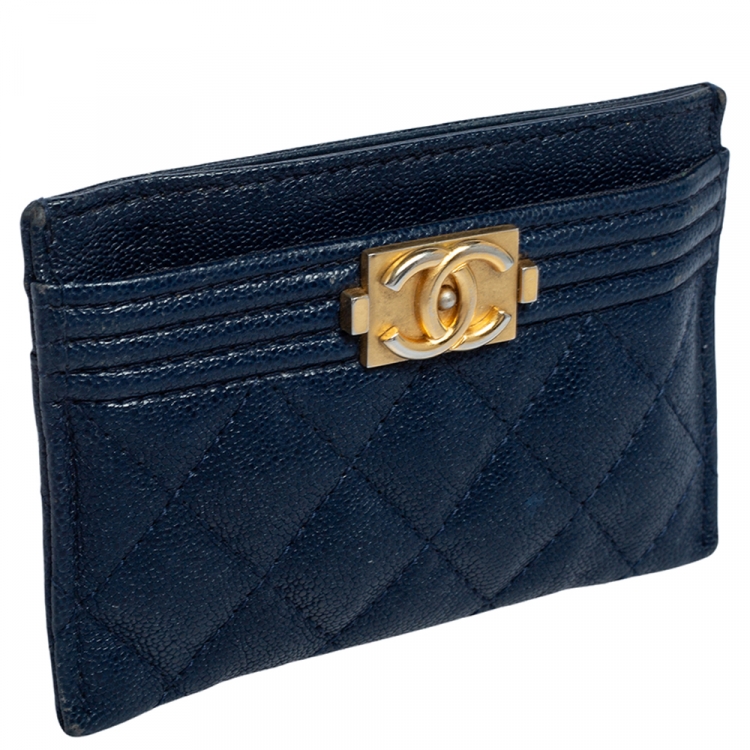 Pre Owned Chanel Blue Leather Boy Card Holder 
