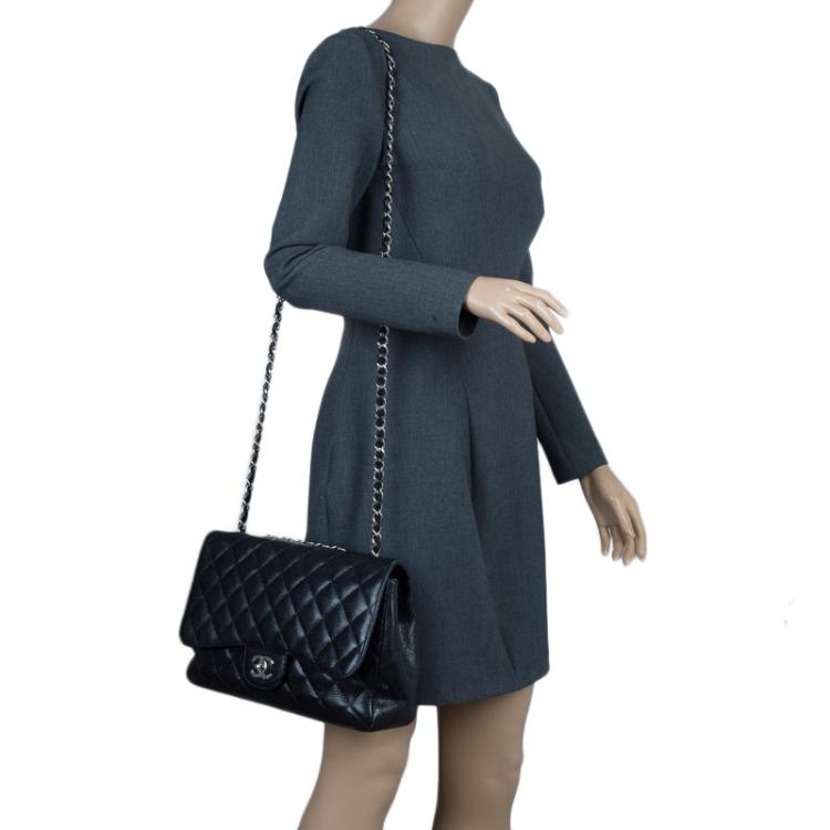 Pre Owned Chanel Black Quilted Caviar Leather Jumbo Classic Single Flap Bag