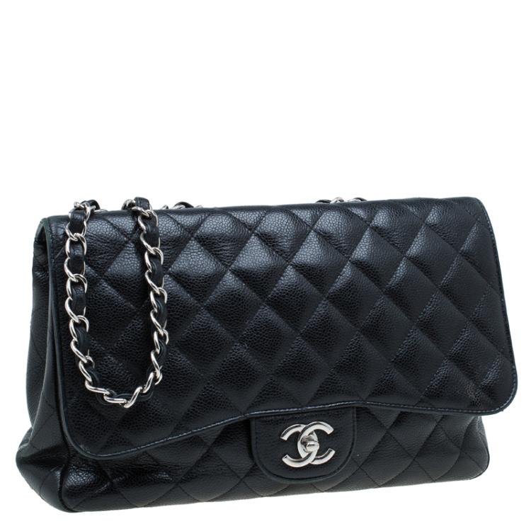 Pre Owned Chanel Black Quilted Caviar Leather Jumbo Classic Single Flap Bag