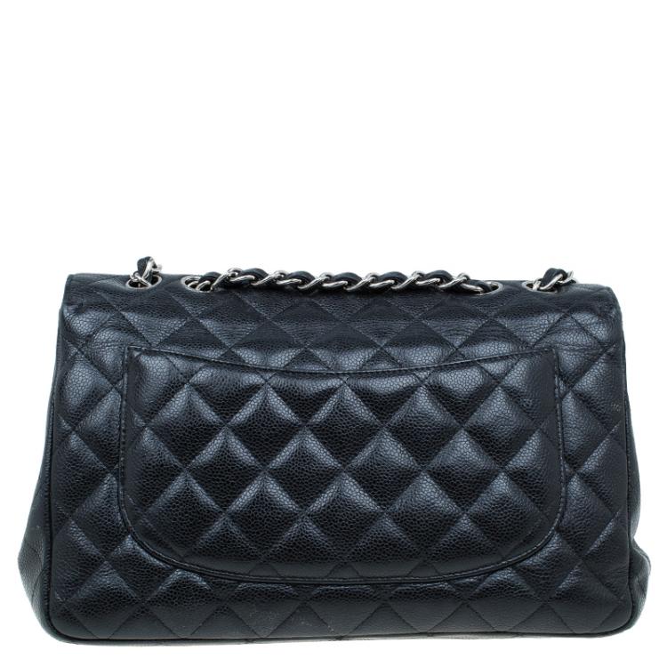 Pre Owned Chanel Black Quilted Caviar Leather Jumbo Classic Single Flap Bag