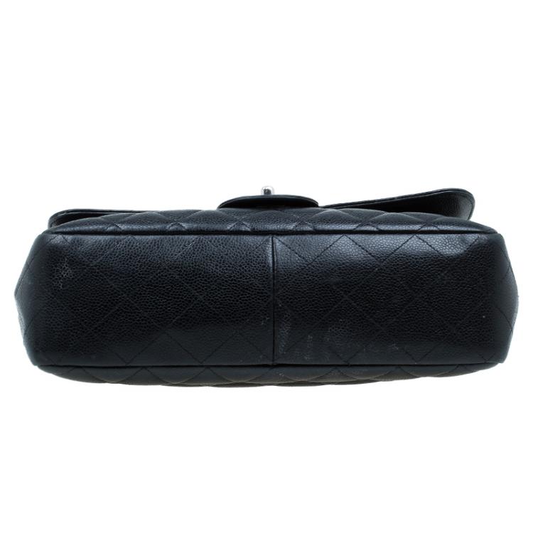 Pre Owned Chanel Black Quilted Caviar Leather Jumbo Classic Single Flap Bag