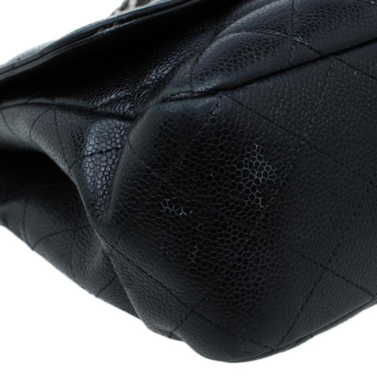 Pre Owned Chanel Black Quilted Caviar Leather Jumbo Classic Single Flap Bag