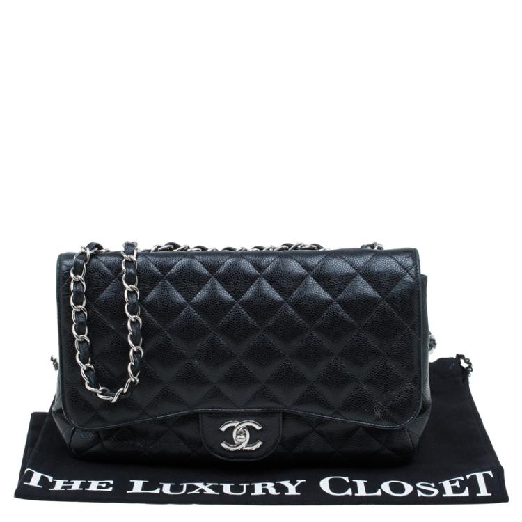 Pre Owned Chanel Black Quilted Caviar Leather Jumbo Classic Single Flap Bag