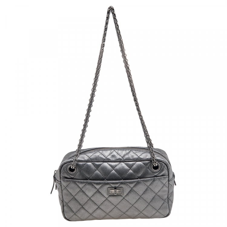 Pre Owned Chanel Metallic Grey Quilted Leather Reissue Camera Bag