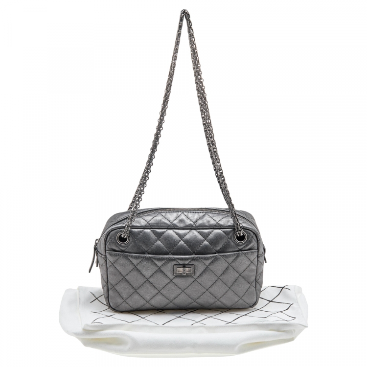 Pre Owned Chanel Metallic Grey Quilted Leather Reissue Camera Bag