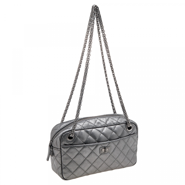 Pre Owned Chanel Metallic Grey Quilted Leather Reissue Camera Bag