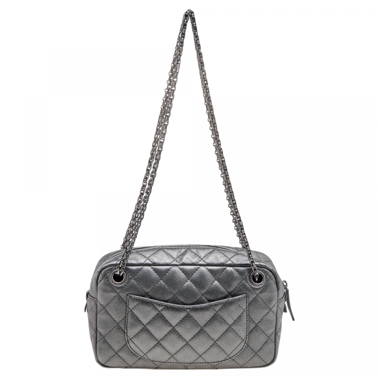 Pre Owned Chanel Metallic Grey Quilted Leather Reissue Camera Bag
