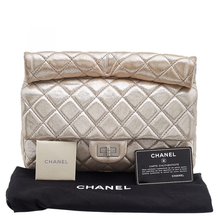 Pre Owned Chanel Metallic Beige Suede Large Roll Reissue Clutch