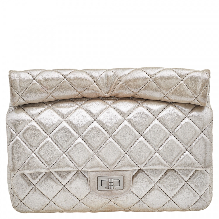 Pre Owned Chanel Metallic Beige Suede Large Roll Reissue Clutch