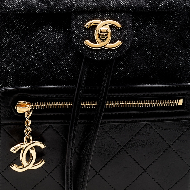 Pre Owned Chanel Grey/Black Quilted Denim and Leather CC Backpack