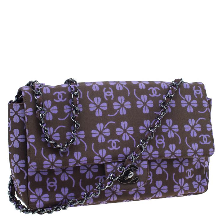 Pre Owned Chanel Brown Nylon Four Leave Clover Single Flap Shoulder Bag