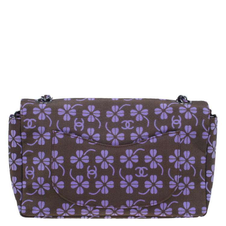 Pre Owned Chanel Brown Nylon Four Leave Clover Single Flap Shoulder Bag