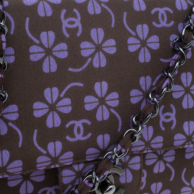 Pre Owned Chanel Brown Nylon Four Leave Clover Single Flap Shoulder Bag